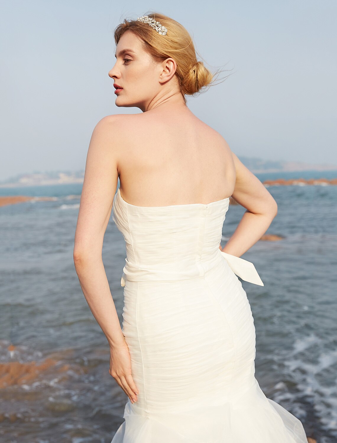 Wedding Dresses Mermaid / Trumpet Strapless Sleeveless Court Train Organza Bridal Gowns With Bowknot Pick Up Skirt