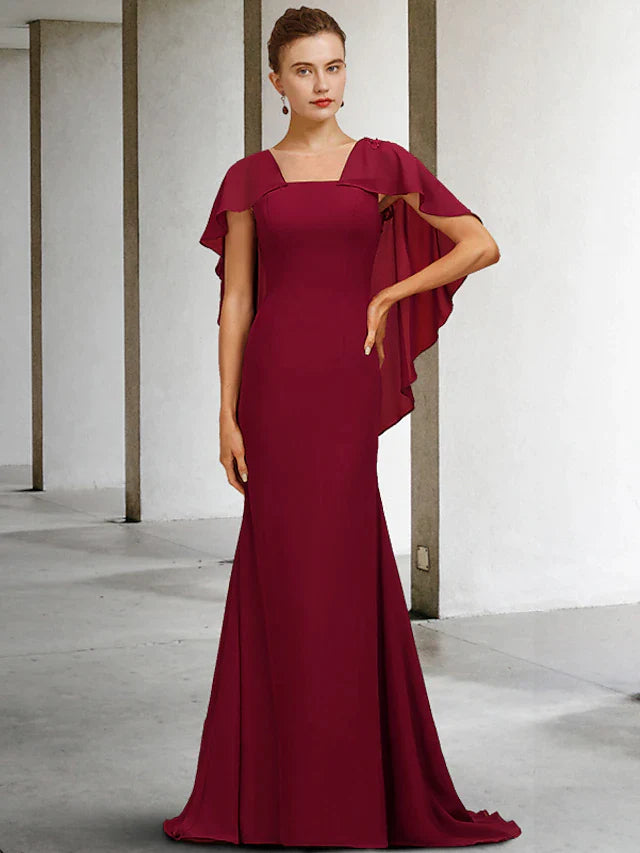 DingjiMermaid / Trumpet Mother of the Bride Dress Vintage Elegant Square Neck Sweep / Brush Train Chiffon Short Sleeve with Ruffles Appliques