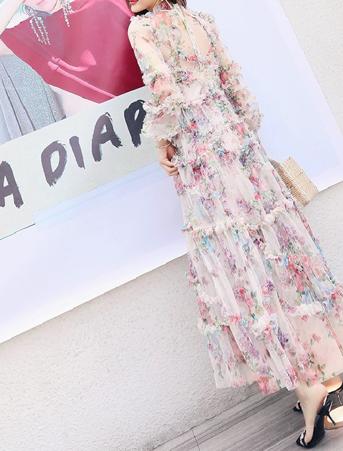 A-Line Prom Dresses Floral Dress Wedding Guest Engagement Ankle Length Long Sleeve Jewel Neck Polyester with Ruffles Pattern / Print