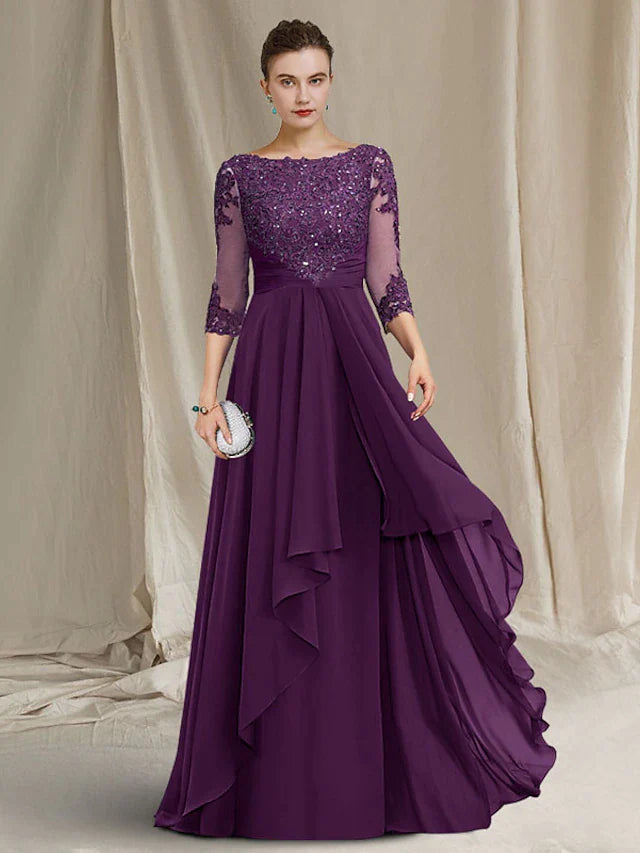 A-Line Mother of the Bride Dress Luxurious Elegant Jewel Neck Floor Length Chiffon Lace Sequined 3/4 Length Sleeve with Pleats Beading Appliques