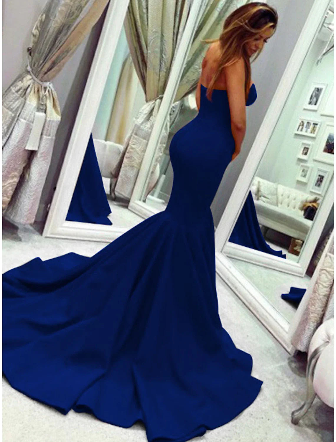 DingjiMermaid Party Dress Minimalist Sexy Wedding Guest Formal Evening Valentine‘s Day Dress Strapless Sleeveless Court Train Stretch Fabric with Pleats