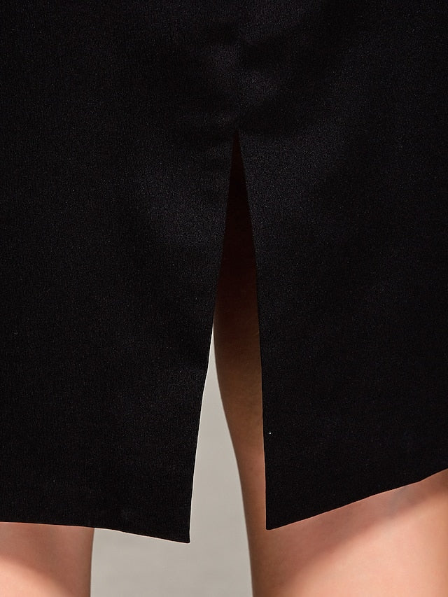 DingjiSheath / Column Party Dress Wedding Guest Knee Length Sleeveless Bateau Neck Satin with Pleats