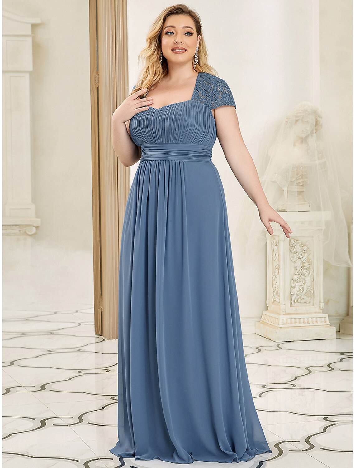 A-Line Evening Gown Plus Size Dress Wedding Guest Floor Length Short Sleeve Sweetheart Chiffon with Ruched