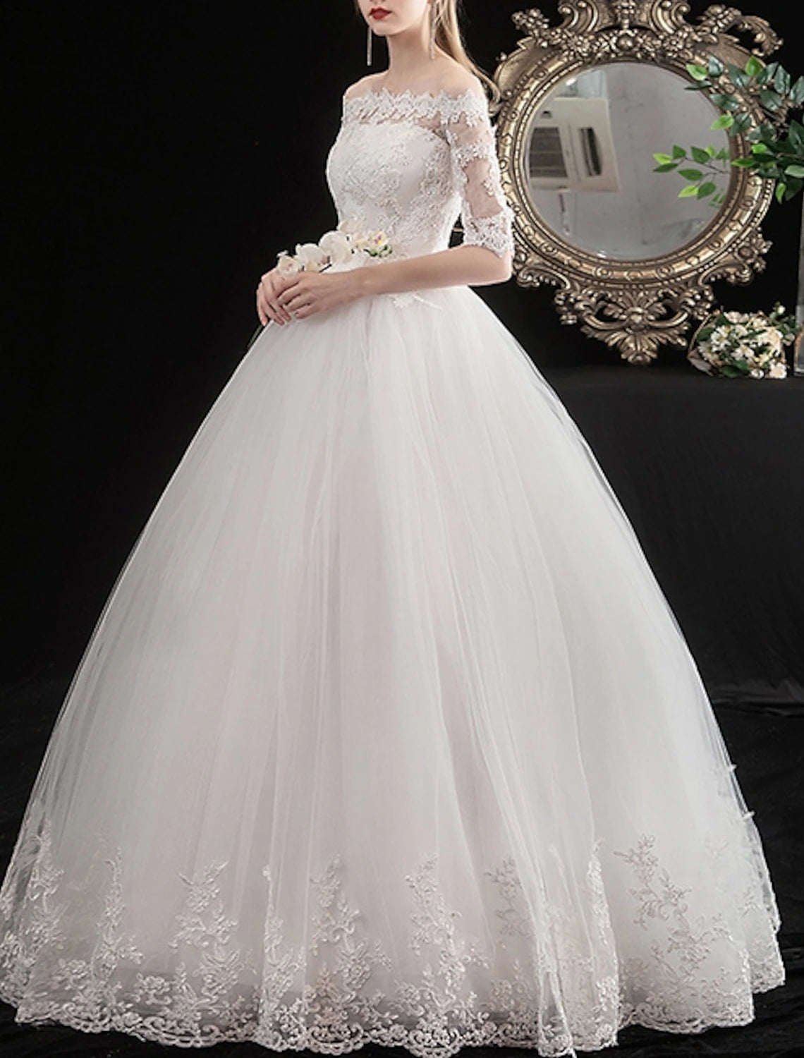 Engagement Formal Wedding Dresses Ball Gown Off Shoulder Half Sleeve Floor Length Lace Bridal Gowns With Lace Insert Embroidery