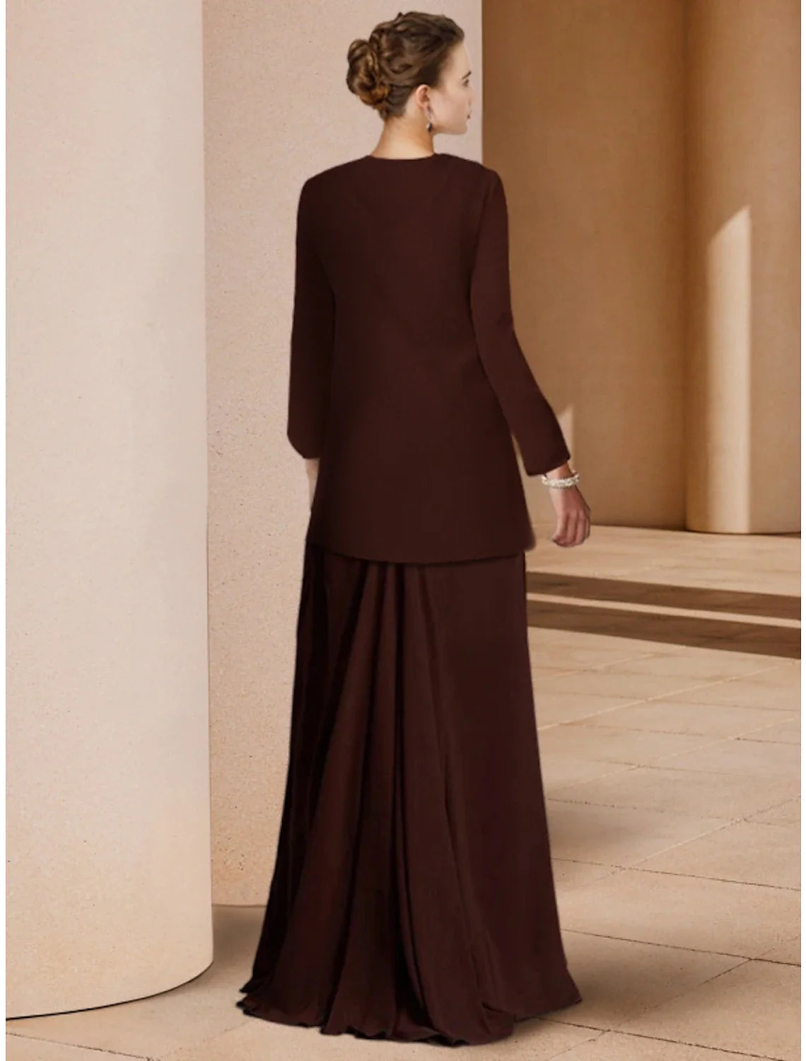 DingjiSheath / Column Mother of the Bride Dress Wedding Guest Elegant Scoop Neck Floor Length Stretch Chiffon Long Sleeve with Sequin Ruching