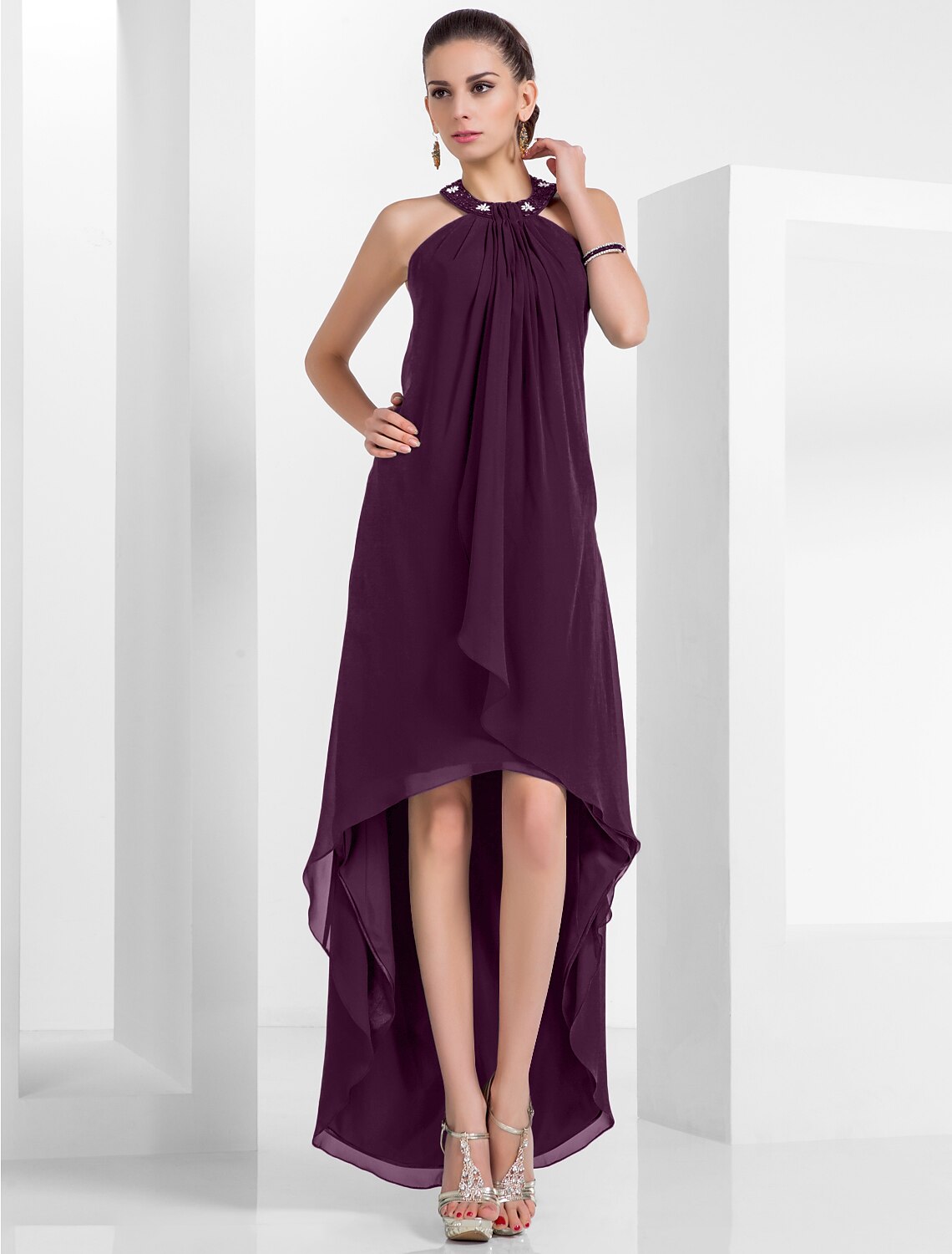 A-Line Elegant Dress Wedding Guest Cocktail Party Asymmetrical Sleeveless Halter Neck Chiffon Backless with Pleats Beading