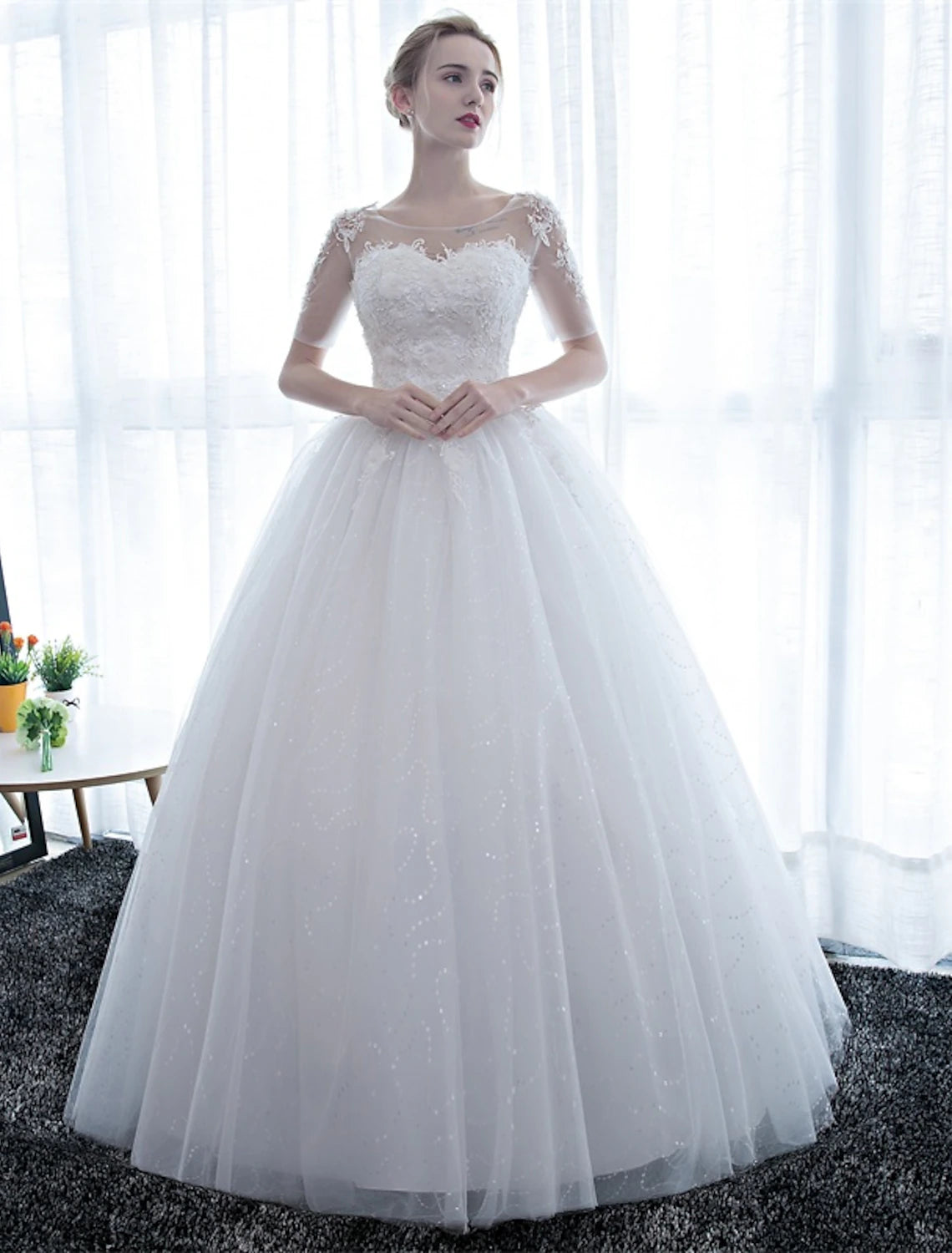Reception Formal Wedding Dresses Ball Gown Illusion Neck Half Sleeve Floor Length Satin Bridal Gowns With Lace Summer Wedding Party