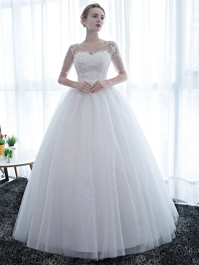 DingjiEngagement Formal Wedding Dresses Floor Length Ball Gown Half Sleeve Illusion Neck Satin With Lace