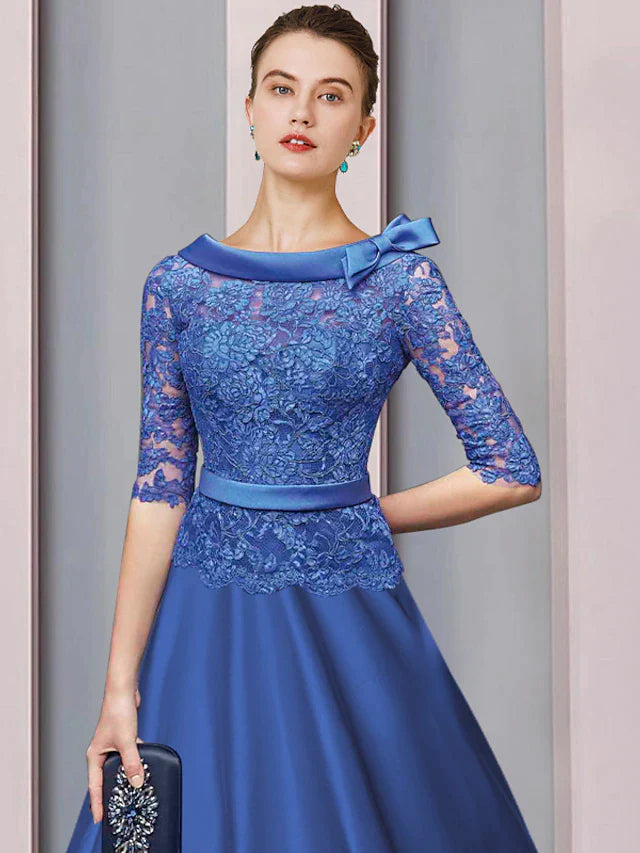 A-Line Mother of the Bride Dress Formal Church Party Elegant Jewel Neck Tea Length Satin Lace Half Sleeve with Sash / Ribbon Bow(s)