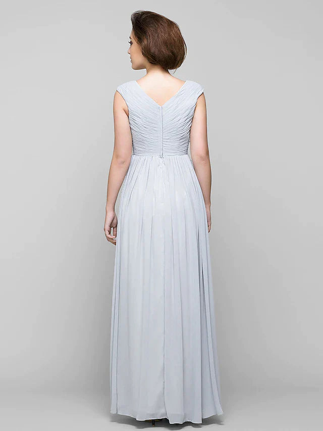 DingjiA-Line Mother of the Bride Dress Elegant V Neck Floor Length Chiffon Sleeveless with Criss Cross Beading