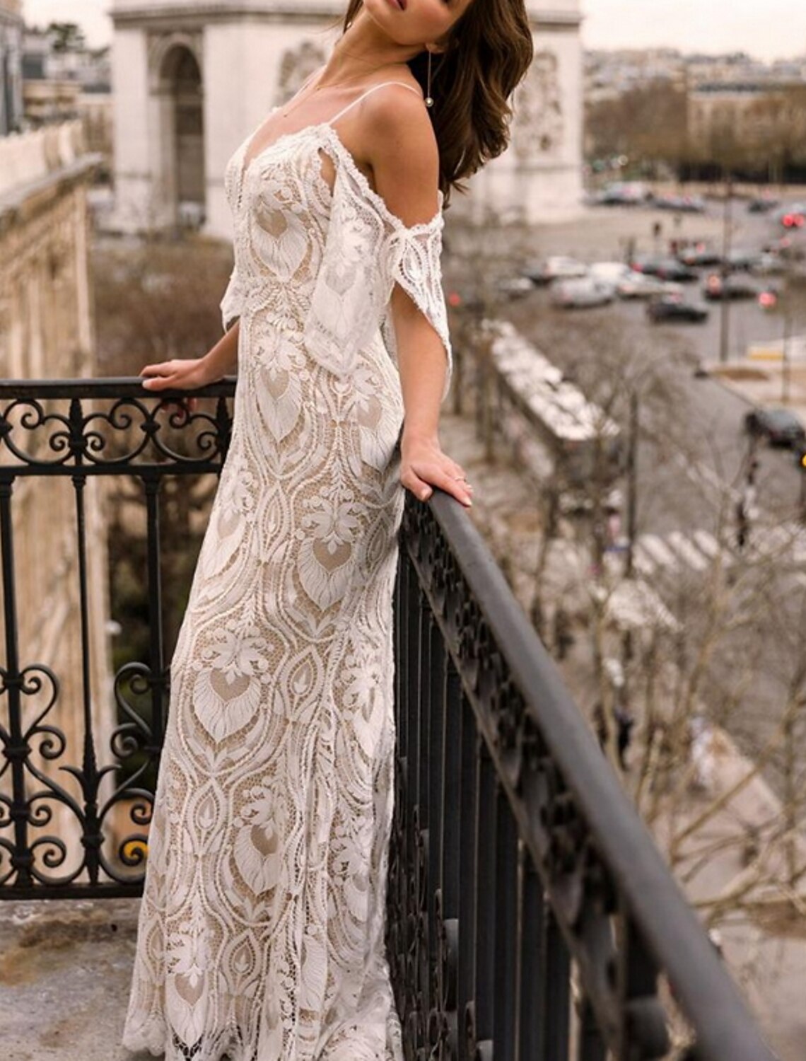 Beach Boho Wedding Dresses Sheath / Column Off Shoulder 3/4 Length Sleeve Sweep / Brush Train Lace Bridal Gowns With Appliques