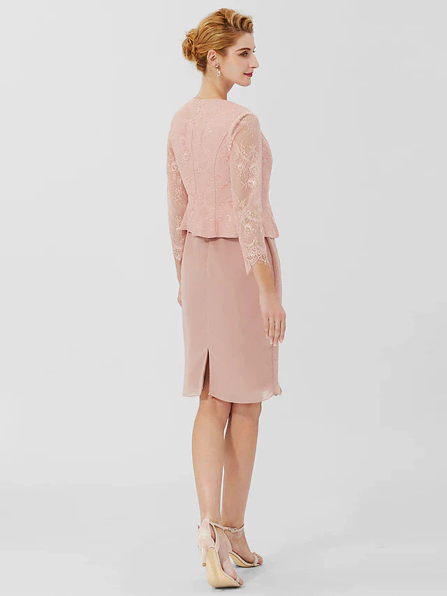 Sheath / Column Mother of the Bride Dress Formal Classic & Timeless Elegant & Luxurious Convertible Dress Jewel Neck Knee Length Chiffon Sheer Lace 3/4 Length Sleeve with Sash / Ribbon