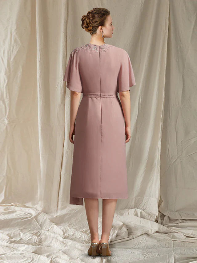 DingjiA-Line Mother of the Bride Dress Elegant Jewel Neck Knee Length Chiffon Short Sleeve with Sash / Ribbon Beading Appliques