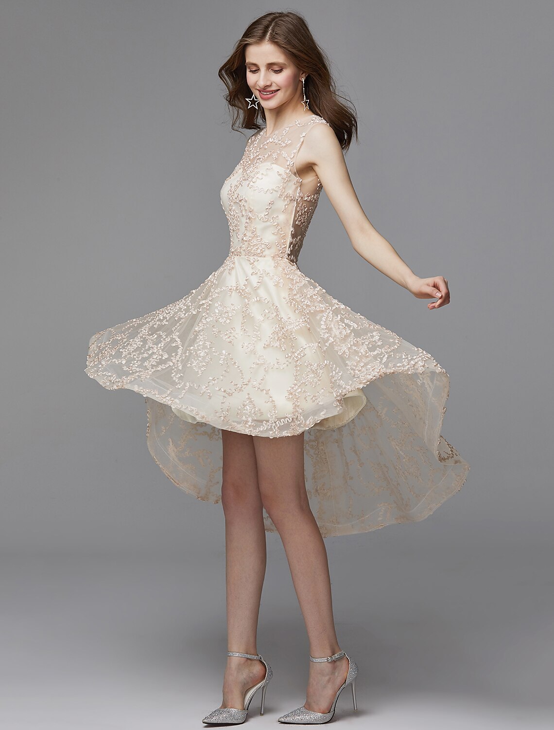 A-Line Hot Dress Wedding Guest Asymmetrical Sleeveless Illusion Neck Tulle with Appliques