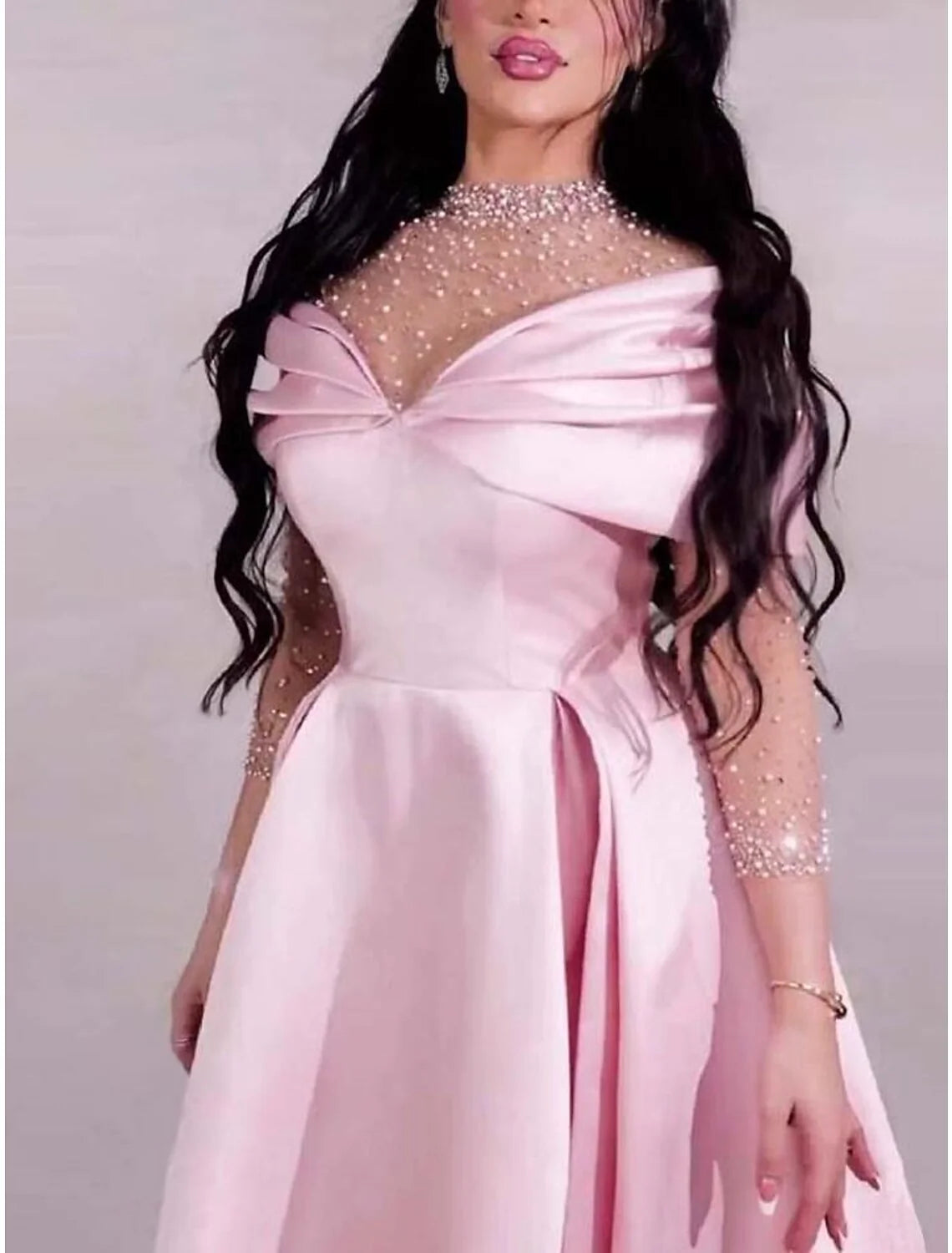 DingjiA-Line Evening Gown Elegant Dress Formal Prom Floor Length Short Sleeve Sweetheart Satin with Ruched Pearls Crystals