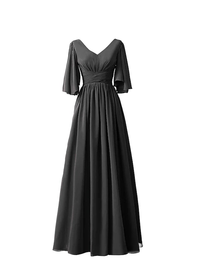 DingjiA-Line Bridesmaid Dress V Neck Half Sleeve Elegant Floor Length Chiffon with Pleats / Ruffles