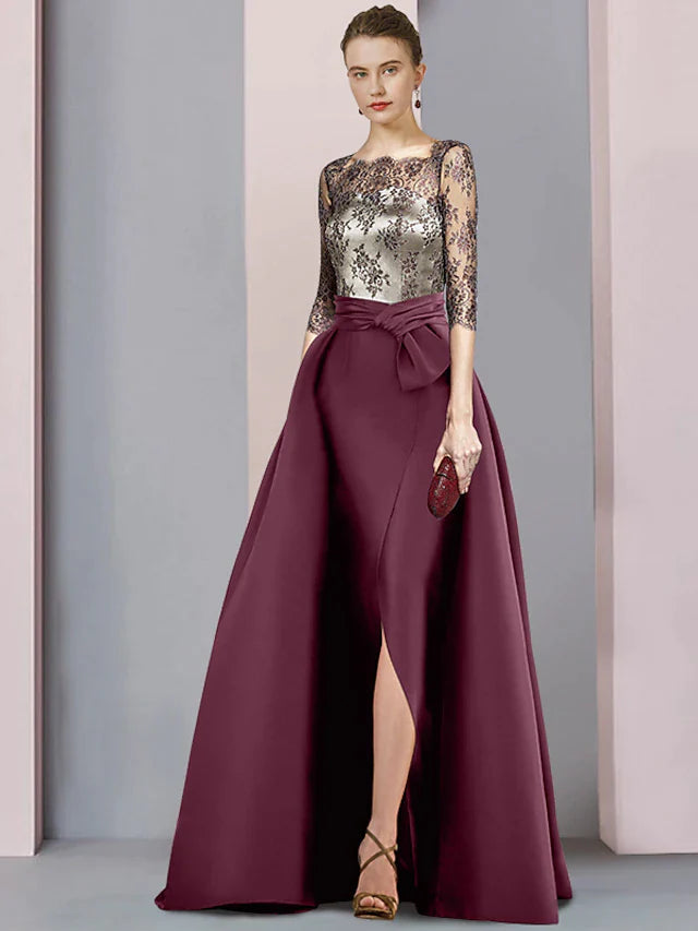 DingjiA-Line Mother of the Bride Dress Wedding Guest Elegant Square Neck Floor Length Satin Lace Half Sleeve with Split Front Ruching