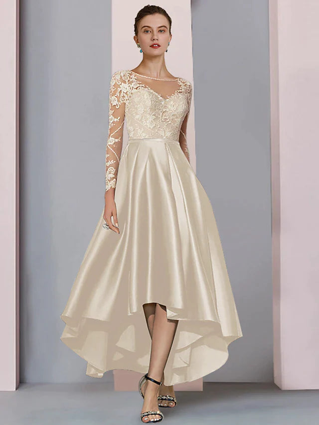 DingjiA-Line Mother of the Bride Dress Wedding Guest Elegant High Low Scoop Neck Asymmetrical Tea Length Satin Lace Long Sleeve with Pleats Beading Appliques