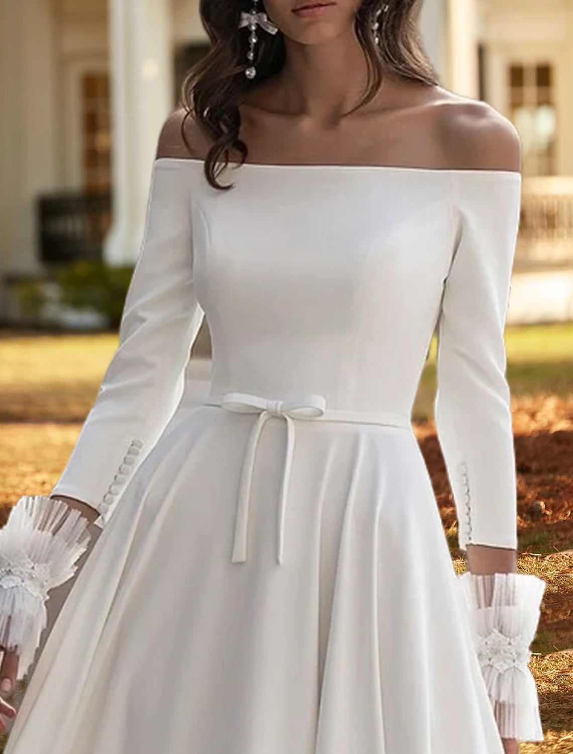 Casual Wedding Dresses A-Line Off Shoulder 3/4 Length Sleeve Court Train Stretch Fabric Bridal Gowns With Bow(s) Pleats
