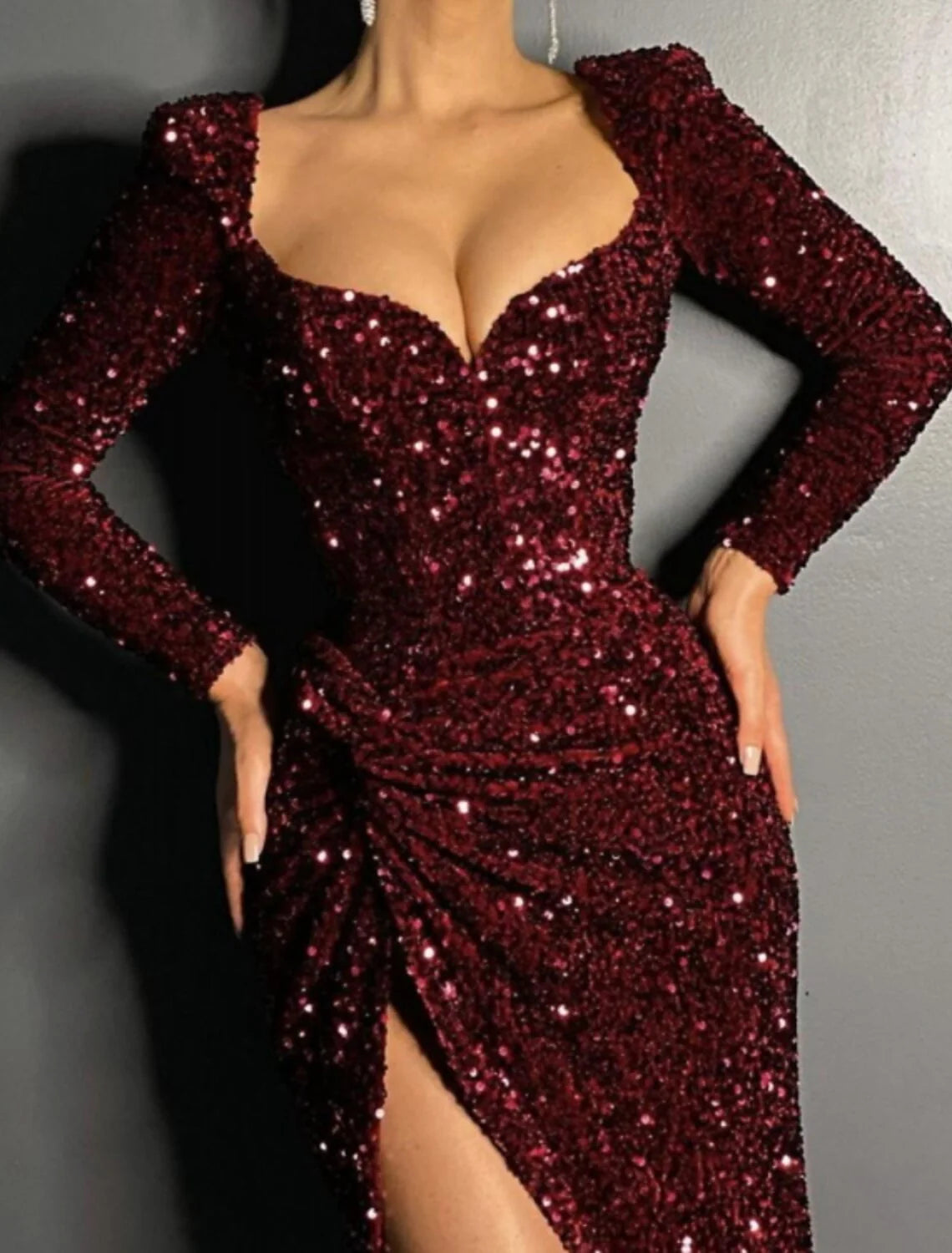 DingjiMermaid / Trumpet Evening Gown Sparkle Dress Wedding Guest Formal Evening Sweep / Brush Train Long Sleeve Scoop Neck Sequined with Sequin Slit