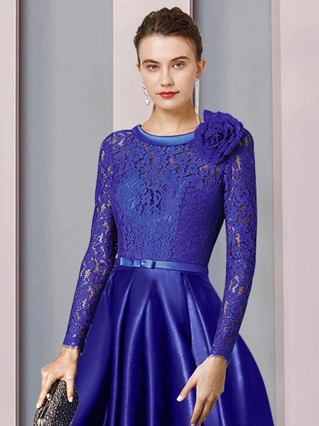 DingjiA-Line Mother of the Bride Dress Formal Church Elegant High Low Scoop Neck Tea Length Satin Lace Long Sleeve with Sash / Ribbon Bow(s) Flower