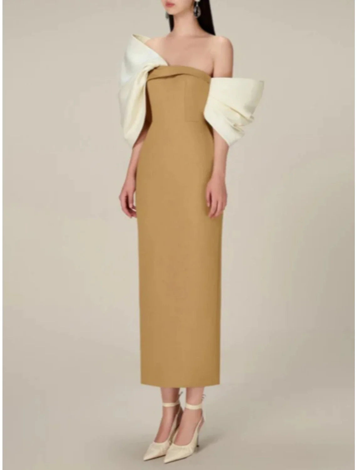 DingjiSheath / Column Evening Gown Elegant Dress Formal Tea Length Half Sleeve Off Shoulder Satin with Bow(s) Ruched