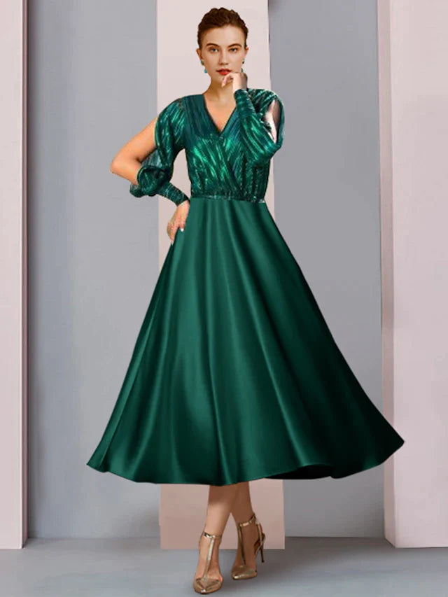 A-Line Mother of the Bride Dress Formal Wedding Guest Party Sparkle & Shine V Neck Tea Length Satin Charmeuse Half Sleeve with Pleats