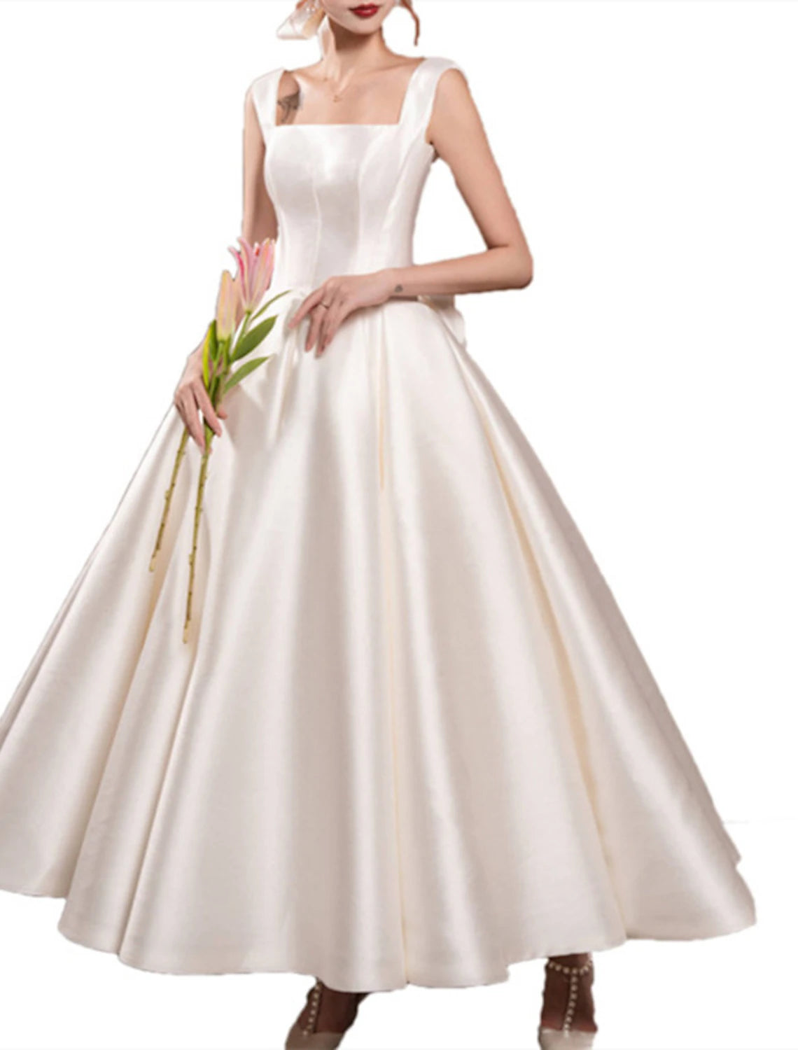 Reception Simple Wedding Dresses Wedding Dresses A-Line Off Shoulder Cap Sleeve Tea Length Satin Bridal Gowns With Pleats Ruched