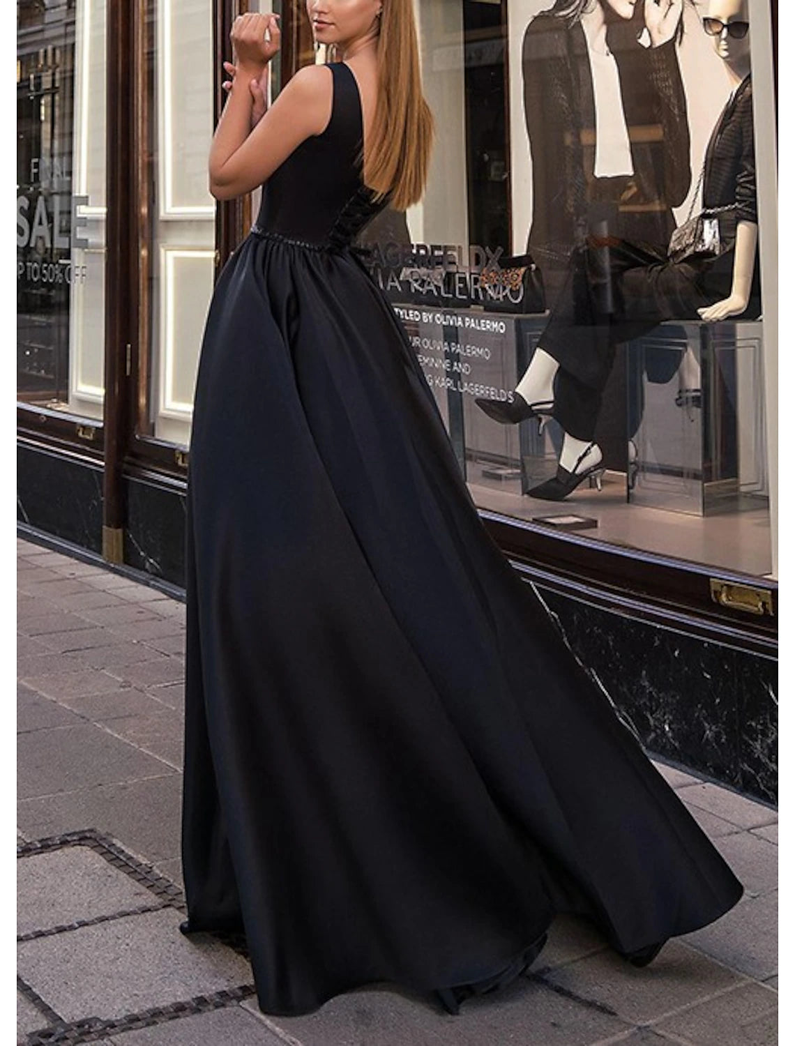 A-Line Evening Gown Minimalist Dress Party Wear Formal Evening Floor Length Sleeveless Jewel Neck Satin with Pleats
