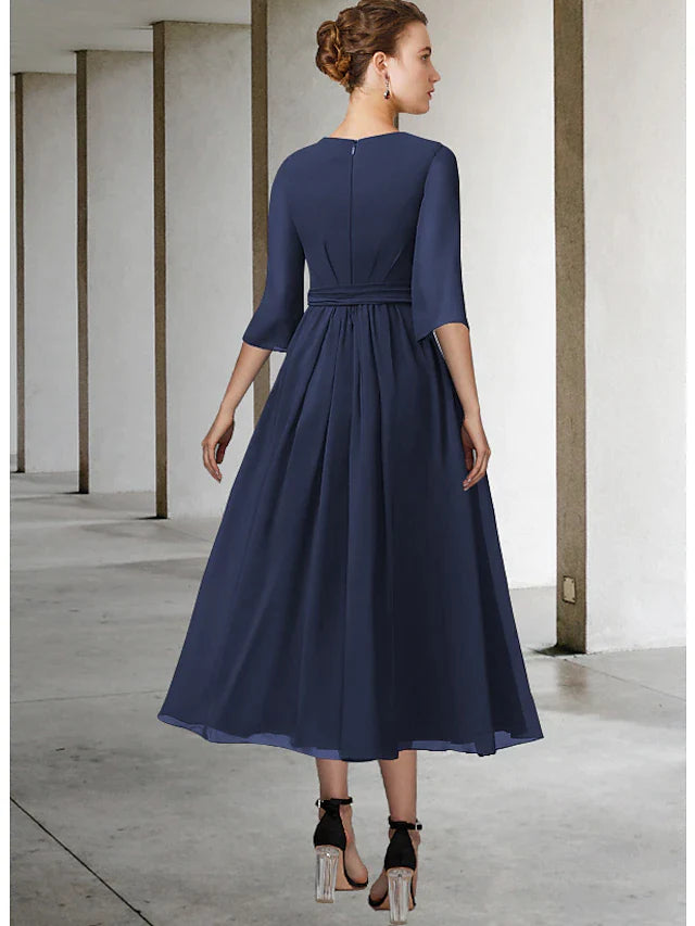 DingjiSheath / Column Mother of the Bride Dress Simple Elegant Scoop Neck Tea Length Chiffon Half Sleeve with Sash / Ribbon Pleats