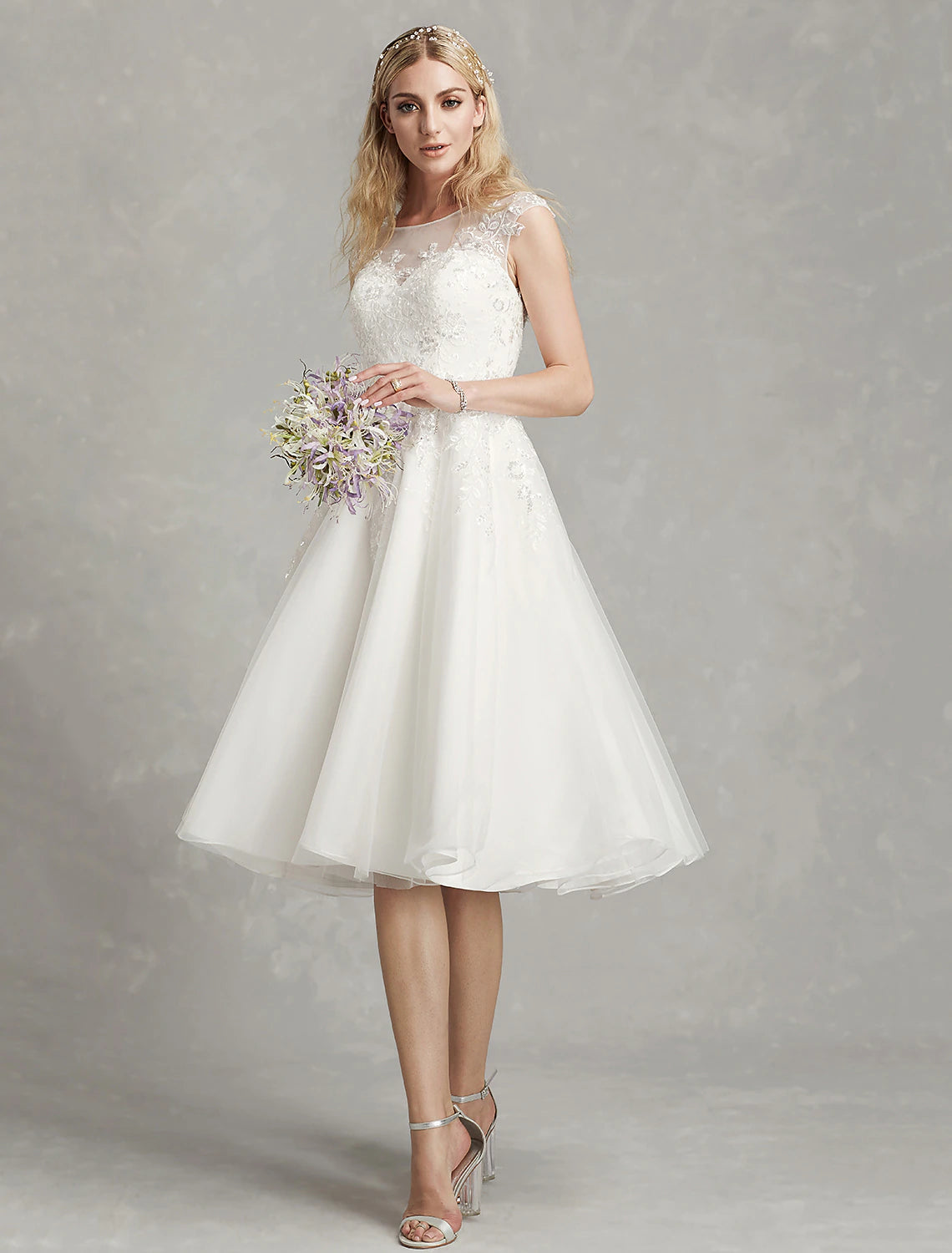 Reception Little White Dresses Wedding Dresses A-Line Illusion Neck Cap Sleeve Knee Length Lace Bridal Gowns With Appliques 2023 Summer Wedding Party