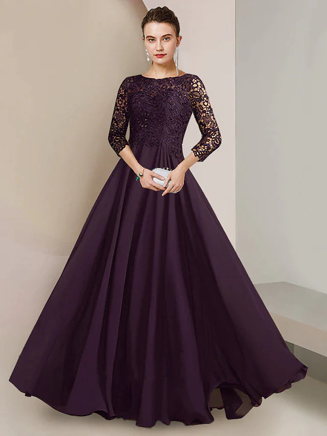 DingjiA-Line Mother of the Bride Dress Formal Elegant Scoop Neck Floor Length Chiffon Lace 3/4 Length Sleeve with Pleats Appliques