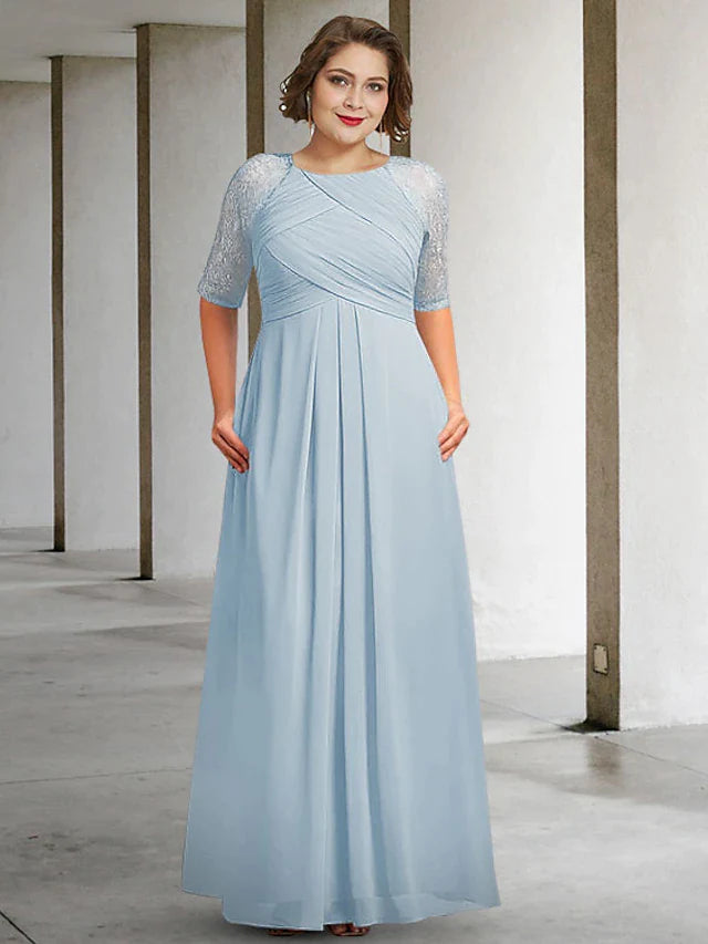 A-Line Mother of the Bride Dress Plus Size Elegant Jewel Neck Floor Length Chiffon Lace Half Sleeve with Pleats Ruched Appliques
