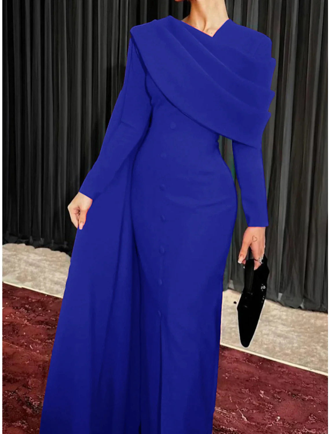 Sheath Red Black Red Green Dress Evening Gown Elegant Cape Dress Formal Fall Sweep / Brush Train Long Sleeve Cowl Neck Stretch Fabric with Buttons Slit