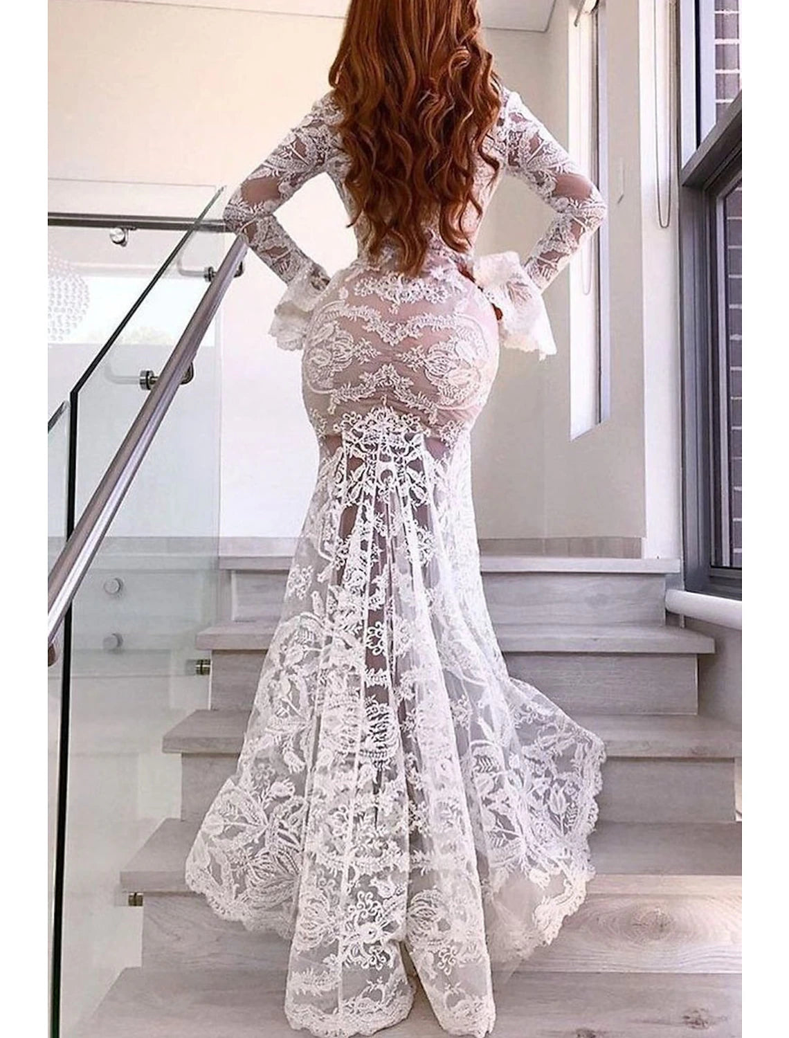 Beach Boho Wedding Dresses Mermaid / Trumpet V Neck Long Sleeve Sweep / Brush Train Lace Bridal Gowns With Appliques Split Front Summer Fall Wedding Party , Women's Clothing