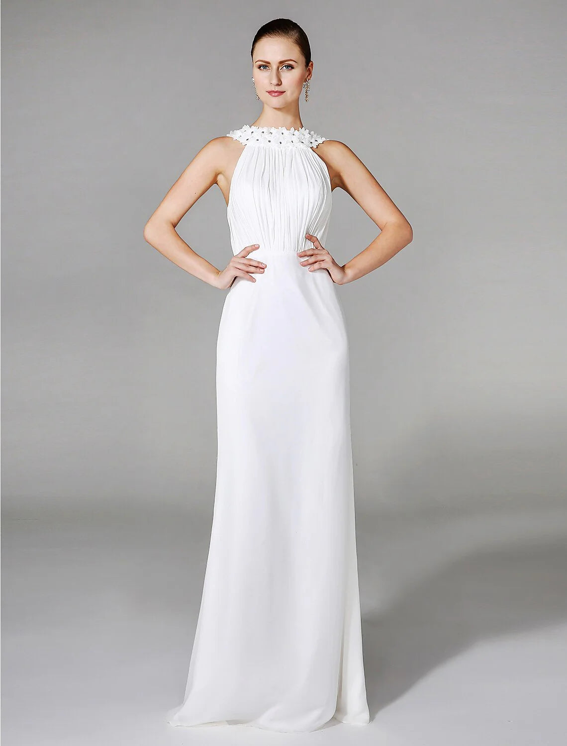 DingjiWedding Dresses Sheath / Column High Neck Sleeveless Chapel Train Chiffon Bridal Gowns With Beading Draping