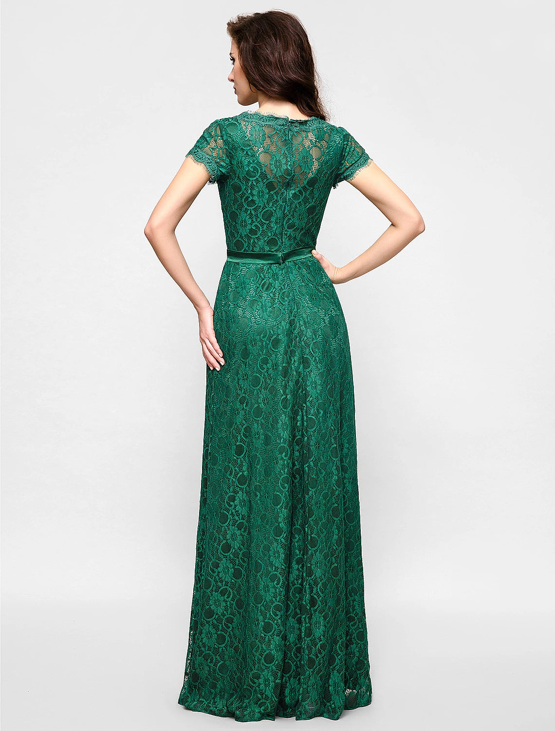 A-Line Elegant Dress Holiday Cocktail Party Floor Length Short Sleeve V Neck All Over Lace with Crystal Brooch