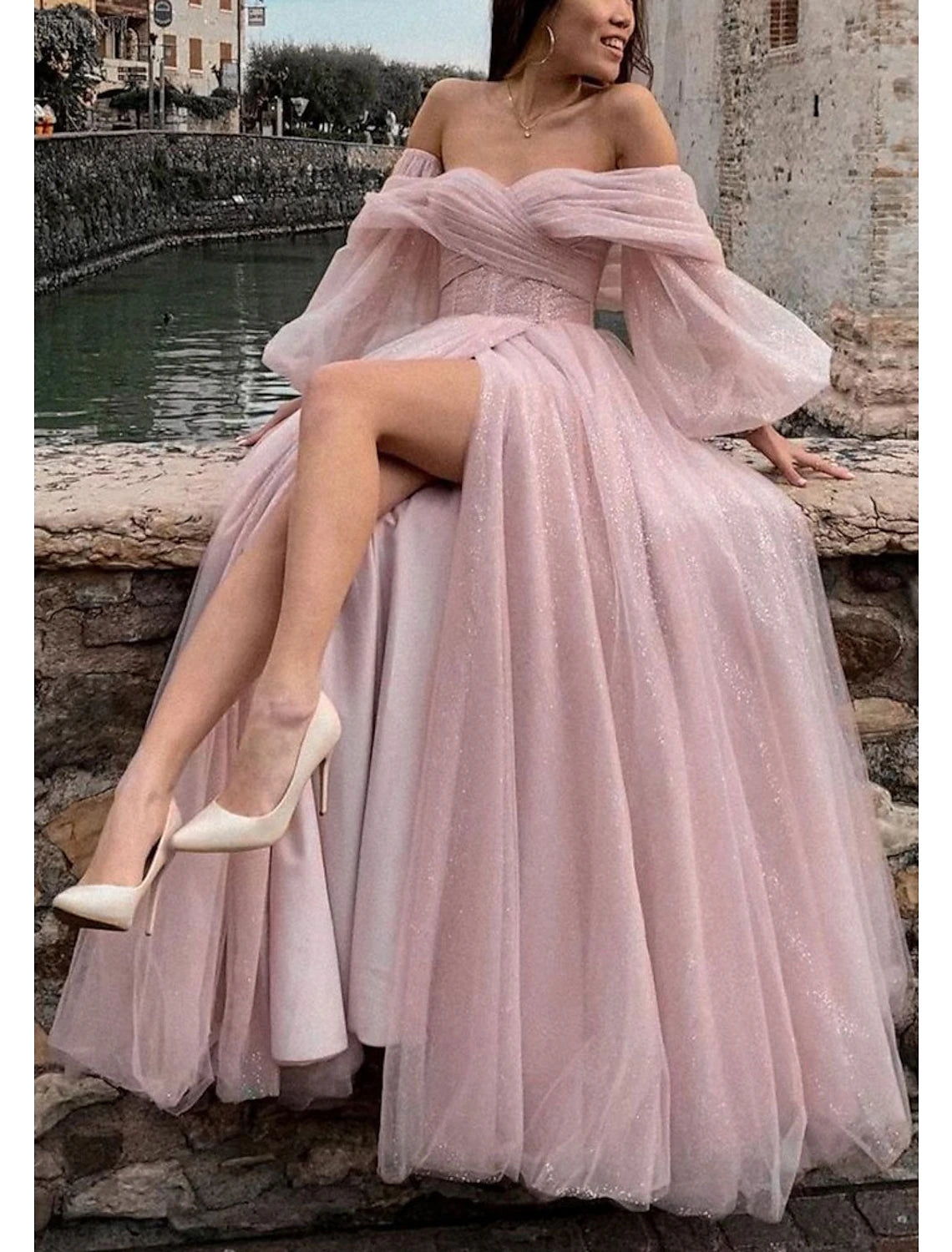 A-Line Prom Dresses Corsets Dress Formal Wedding Party Floor Length Long Sleeve Off Shoulder Tulle with Glitter Ruched Slit