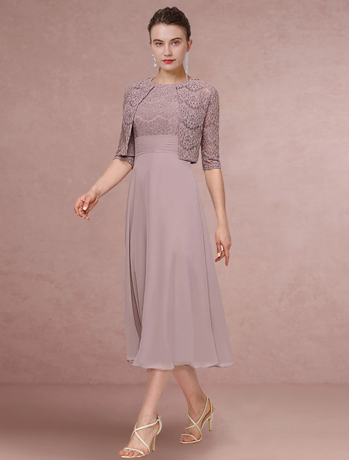 Two Piece Mother of the Bride Dress Wedding Guest Elegant Jewel Neck Tea Length Chiffon Lace Half Sleeve with Solid Color