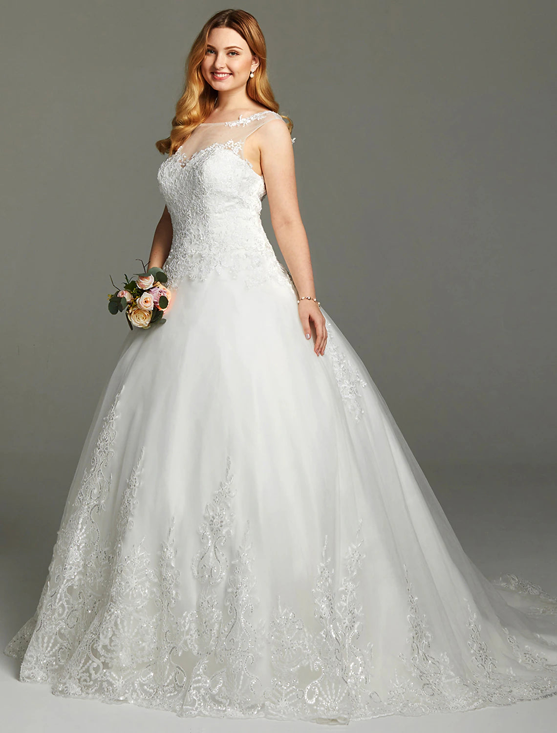Hall Wedding Dresses Princess Illusion Neck Sleeveless Chapel Train Satin Bridal Gowns With Appliques
