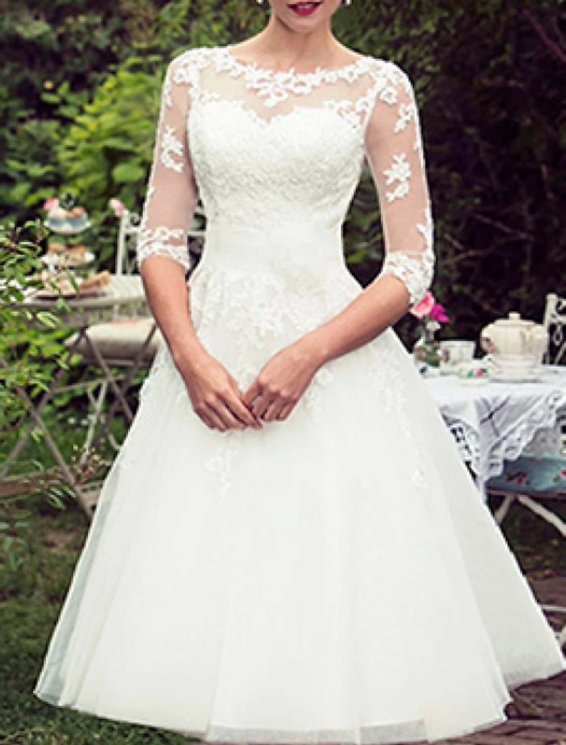 Reception Vintage 1940s / 1950s Simple Wedding Dresses Wedding Dresses A-Line Off Shoulder Long Sleeve Tea Length Tulle Bridal Gowns With Pleats