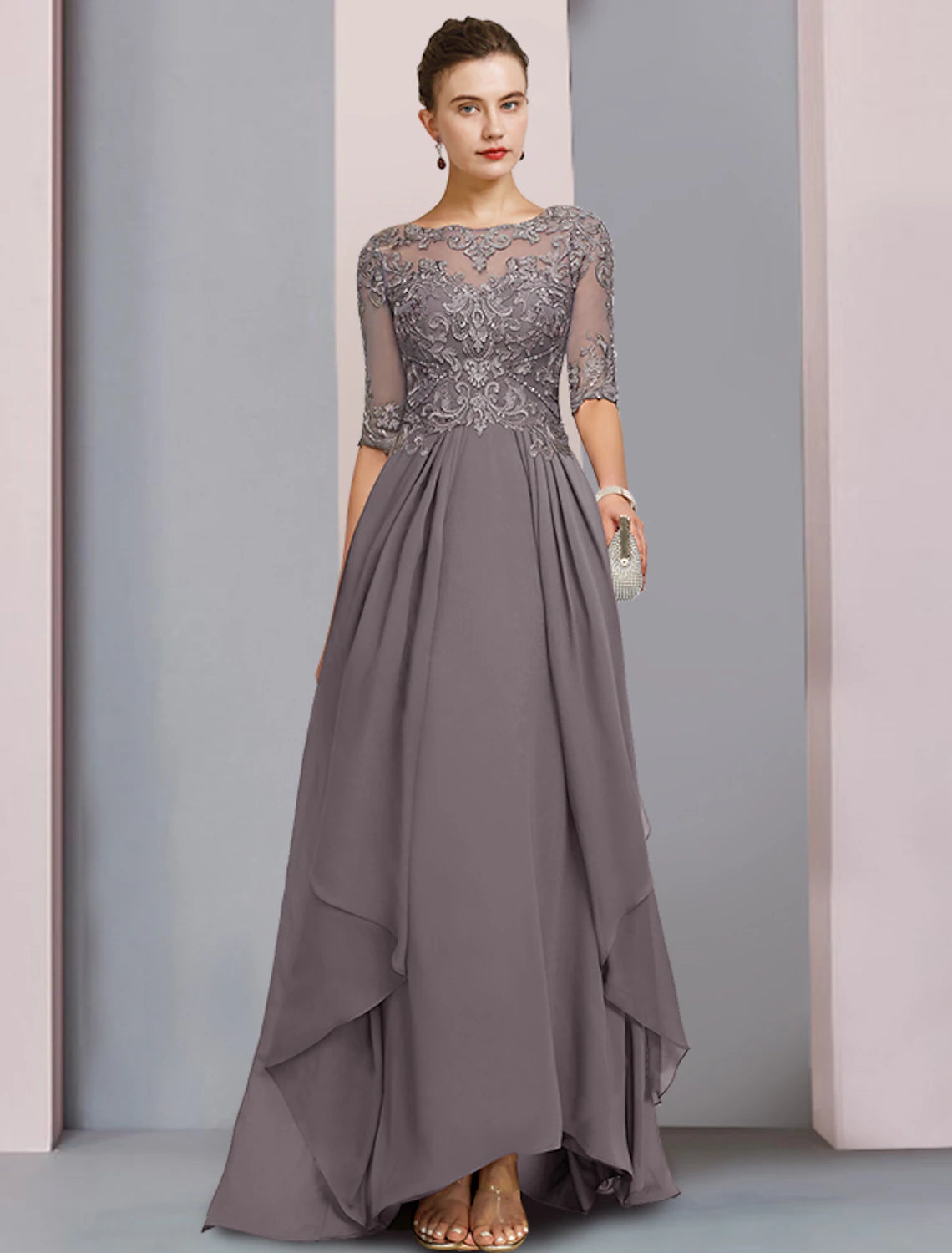 Sheath / Column Mother of the Bride Dress Wedding Guest Elegant Party Scoop Neck Asymmetrical Chiffon Lace Half Sleeve with Pleats