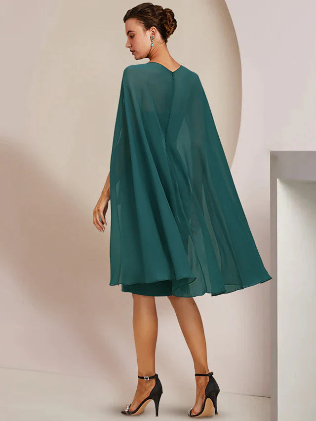 DingjiSheath / Column Mother of the Bride Dress Wedding Guest Vintage Elegant V Neck Knee Length Chiffon Sleeveless with Pleats Crystals Beading