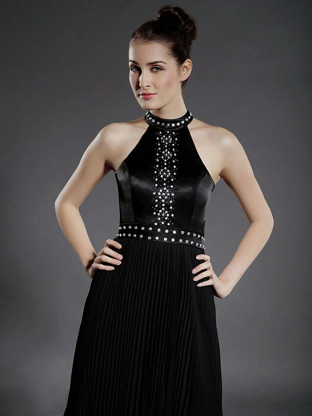 DingjiBall Gown Little Black Dress Dress Holiday Knee Length Sleeveless High Neck Chiffon with Pleats Beading