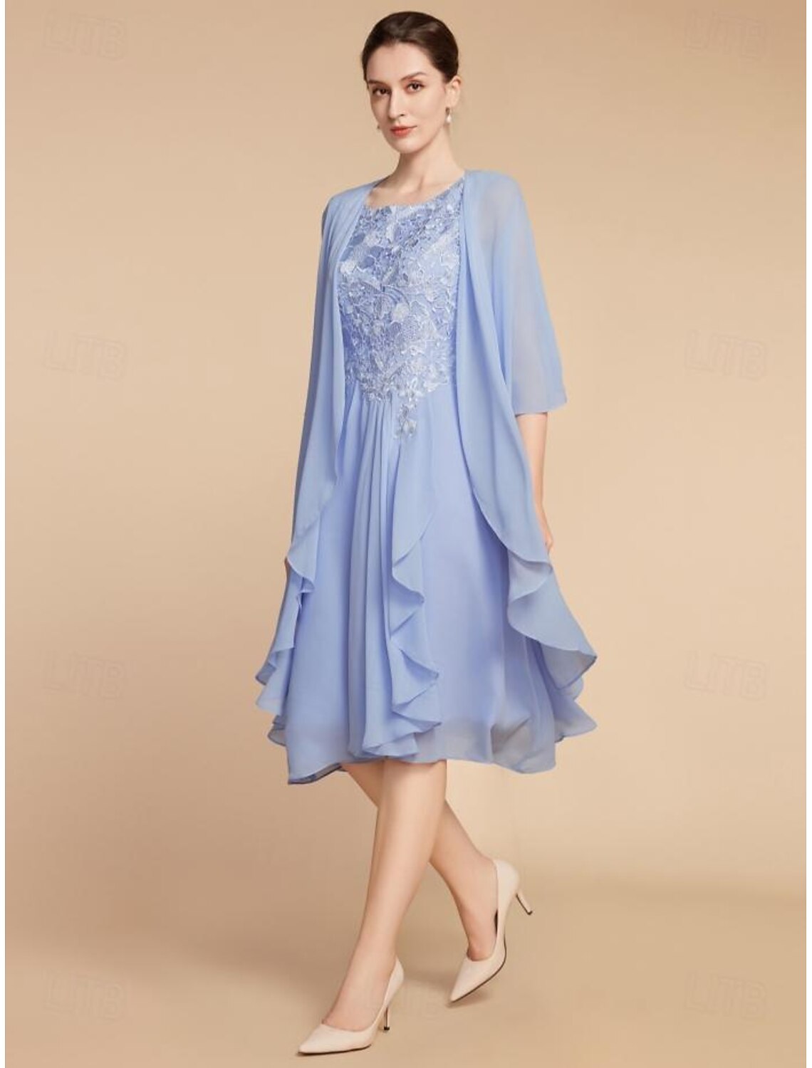 Two Piece Sheath / Column Mother of the Bride Dress Wedding Guest Elegant Petite Scoop Neck Knee Length Chiffon Lace Half Sleeve with Ruching Solid Color