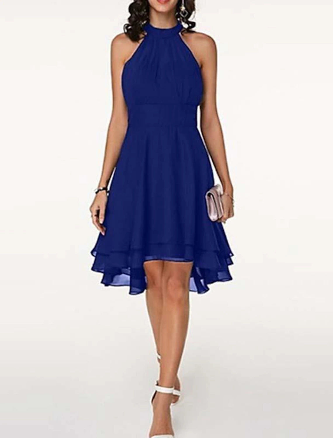 A-Line Cocktail Dresses Party Dress Wedding Guest Engagement Knee Length Sleeveless Halter Neck Chiffon V Back with Sleek Tiered