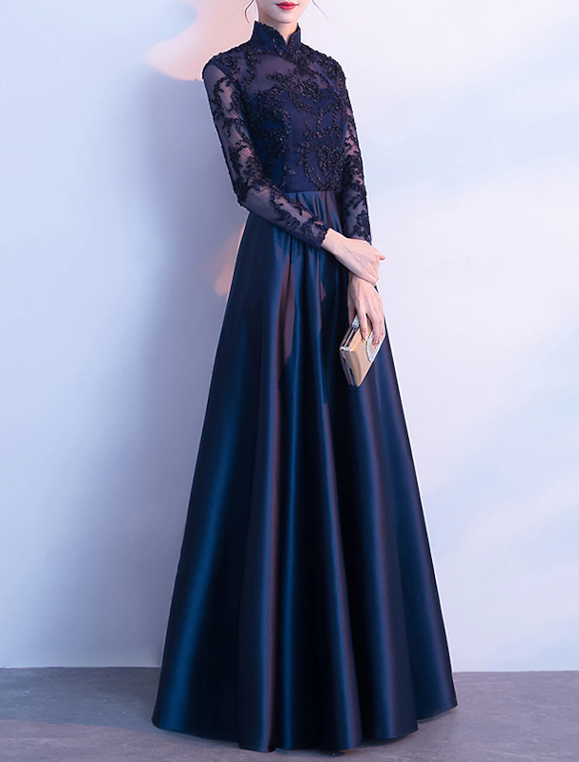 A-Line Party Dress Chinese Style Vintage Prom Formal Evening Dress Stand Collar Long Sleeve Floor Length Satin with Pleats Appliques