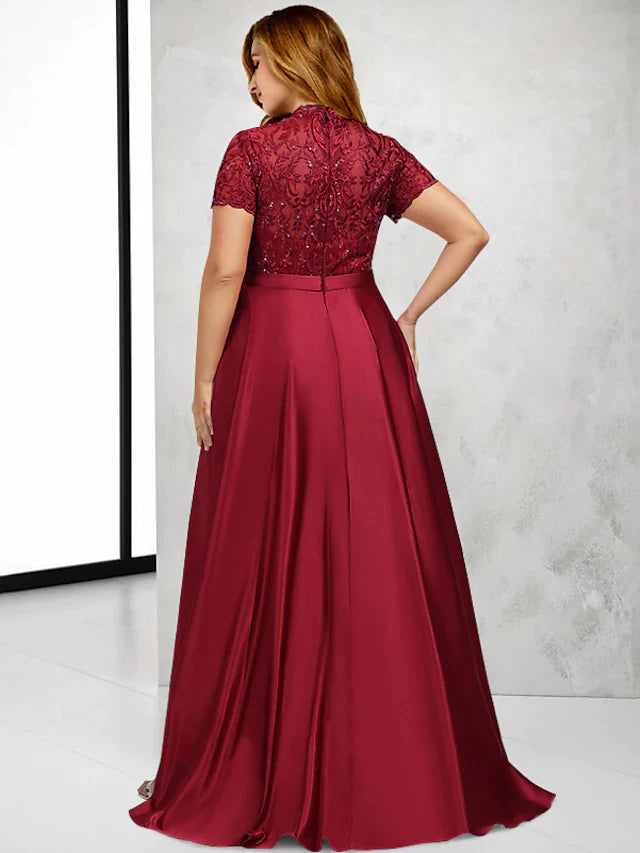 A-Line Plus Size Curve Mother of the Bride Dresses Vintage Dress Formal Asymmetrical Short Sleeve High Neck Taffeta with Pleats Sequin