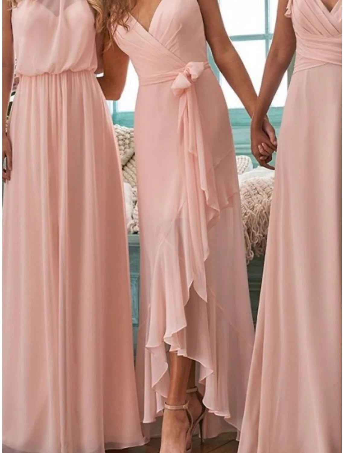 DingjiA-Line Bridesmaid Dress Halter Neck / V Neck Sleeveless Elegant Floor Length Chiffon with Split Front / Ruching / Solid Color