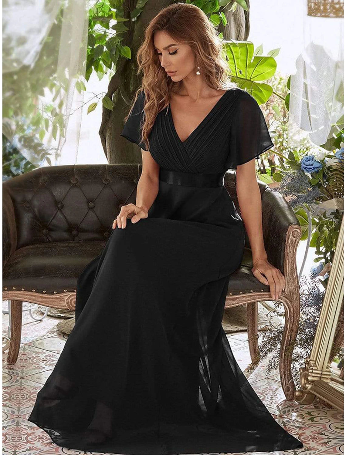 A-Line Evening Gown Empire Dress Wedding Guest Formal Evening Floor Length Short Sleeve V Neck Bridesmaid Dress Chiffon V Back with Ruffles Pure Color